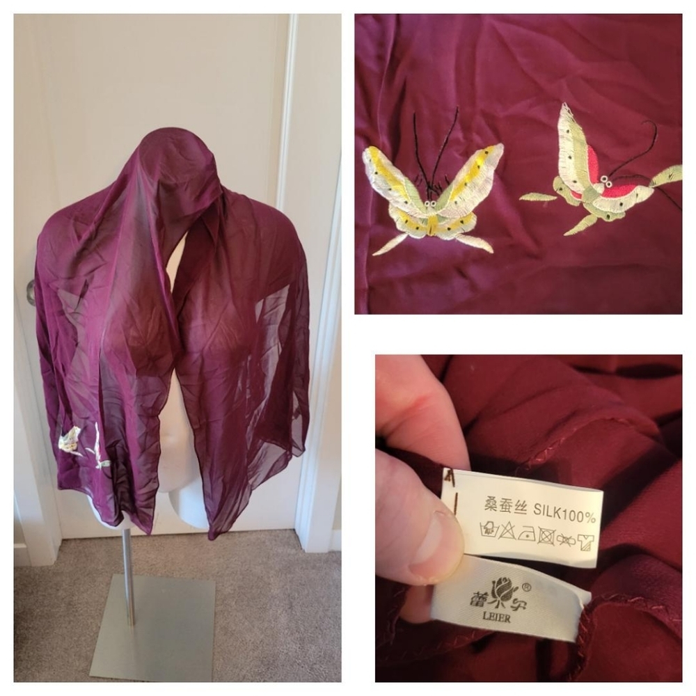 Stunning SILK Scarf with embroidered butterflies